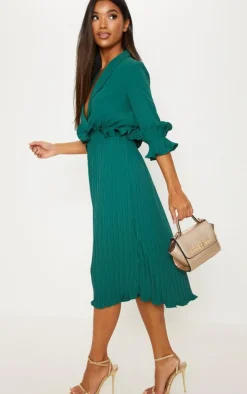 Emerald Green Frill Detail Pleated Midi Dress