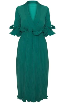 Emerald Green Frill Detail Pleated Midi Dress
