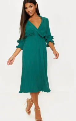 Emerald Green Frill Detail Pleated Midi Dress