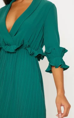 Emerald Green Frill Detail Pleated Midi Dress