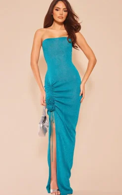 Emerald Green Glitter Sheer Knitted Flower Embellished Dress