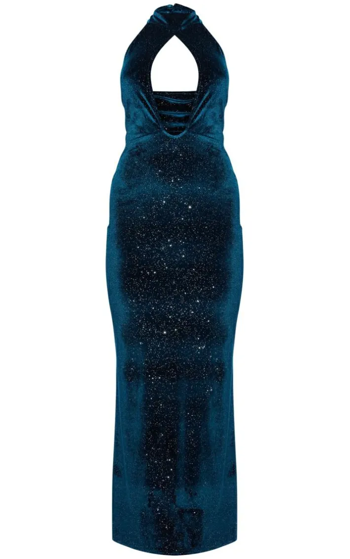Emerald Green Glitter Velvet Halterneck Cut Out Maxi Dress
