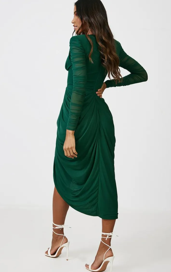 Emerald Green Mesh Ruched Long Sleeve Draped Midi Dress