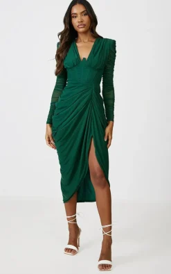 Emerald Green Mesh Ruched Long Sleeve Draped Midi Dress