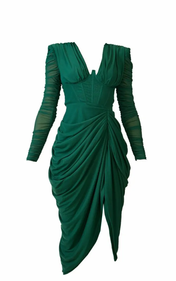 Emerald Green Mesh Ruched Long Sleeve Draped Midi Dress