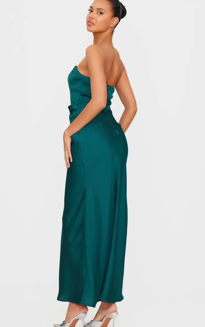 Emerald Green Satin Corset Detail Draped Maxi Dress
