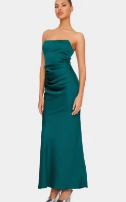Emerald Green Satin Corset Detail Draped Maxi Dress