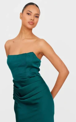 Emerald Green Satin Corset Detail Draped Maxi Dress