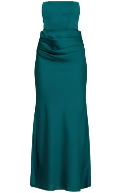 Emerald Green Satin Corset Detail Draped Maxi Dress