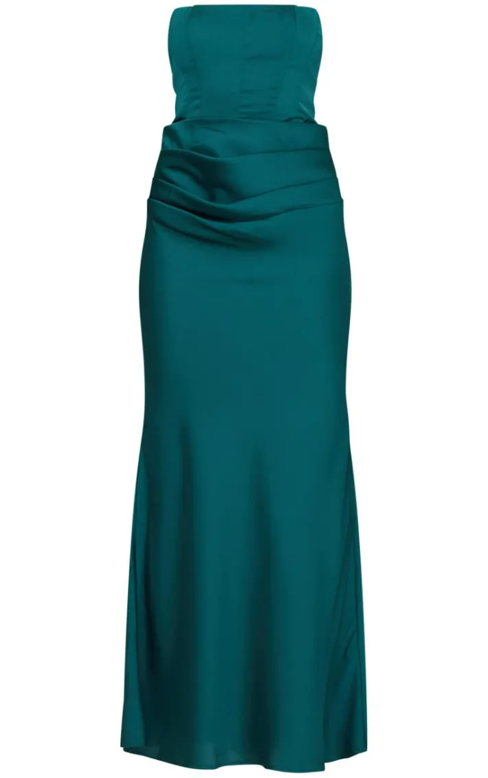 Emerald Green Satin Corset Detail Draped Maxi Dress