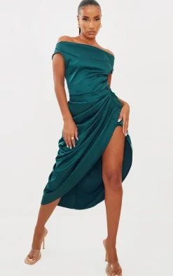 Emerald Green Satin Off The Shoulder Draped Skirt Midi Dress