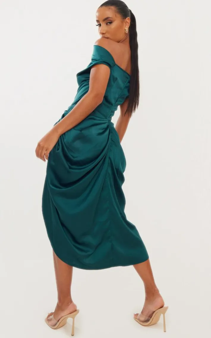 Emerald Green Satin Off The Shoulder Draped Skirt Midi Dress