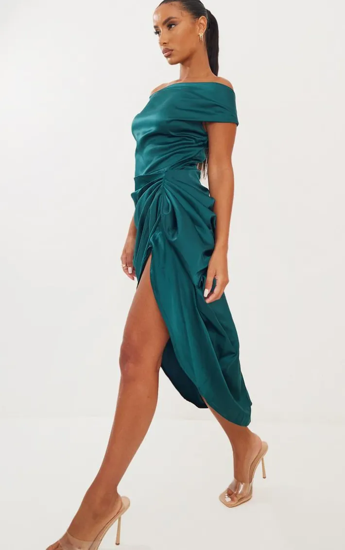Emerald Green Satin Off The Shoulder Draped Skirt Midi Dress