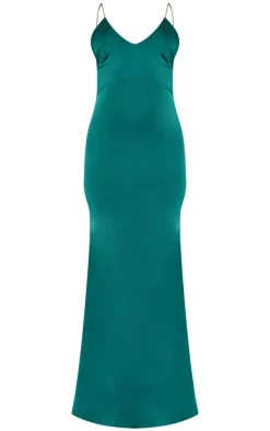 Emerald Green Satin V Neck Maxi Dress