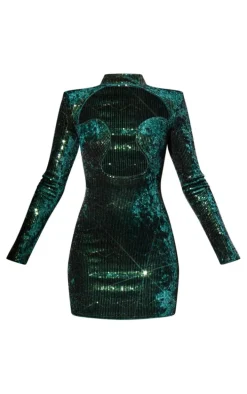 Emerald Green Sequin Underwire Detail Long Sleeve Bodycon Dress
