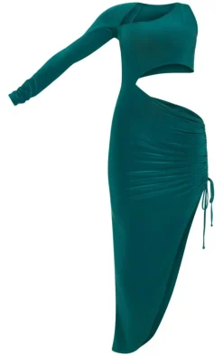 Emerald Green Slinky One Sleeve Cut Out Ruched Midi Dress