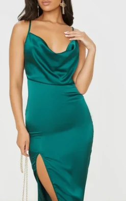 Emerald Green Strappy Satin Cowl Midi Dress
