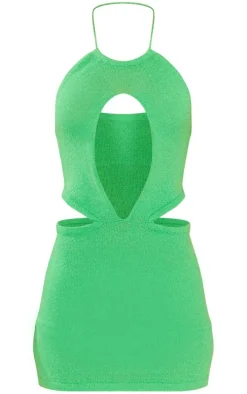 Emerald Green Towel Knit Cut Out Halter Neck Mini Dress