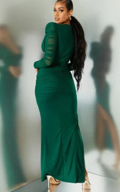 Emerald Green Underbust Detail Ruched Mesh Midaxi Dress