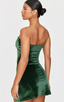 Emerald Green Velvet Bandeau Fold Over Mini Dress