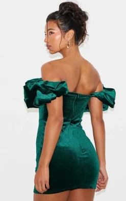 Emerald Green Velvet Bardot Ruffle Bodycon Dress