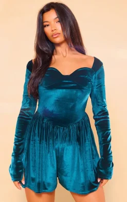 Emerald Green Velvet Cup Detail Long Sleeve Skater Romper