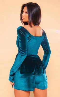 Emerald Green Velvet Cup Detail Long Sleeve Skater Romper