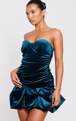 Emerald Green Velvet Puff Hem Bandeau Bodycon Dress