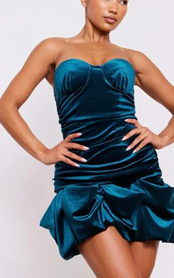Emerald Green Velvet Puff Hem Bandeau Bodycon Dress