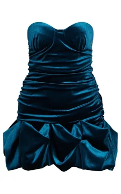 Emerald Green Velvet Puff Hem Bandeau Bodycon Dress
