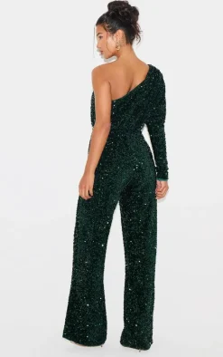 Emerald Green Velvet Sequin One Shoulder Wide Leg Jumpsuit