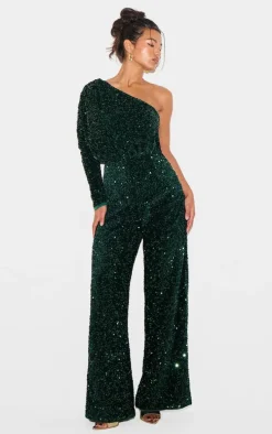 Emerald Green Velvet Sequin One Shoulder Wide Leg Jumpsuit