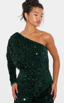 Emerald Green Velvet Sequin One Shoulder Wide Leg Jumpsuit
