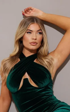 Emerald Green Velvet Underwired Cross Front Midi Dress
