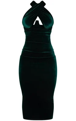 Emerald Green Velvet Underwired Cross Front Midi Dress