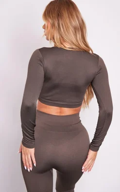 Espresso Seamless Long Sleeve Cropped Gym Top