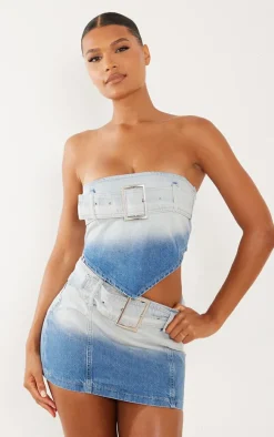Faded Mid Blue Wash Belted Denim Top
