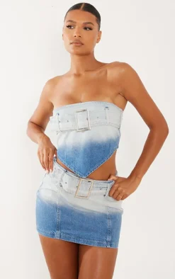 Faded Mid Blue Wash Belted Denim Mini Skirt