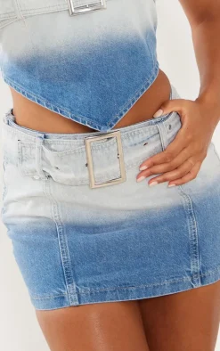 Faded Mid Blue Wash Belted Denim Mini Skirt