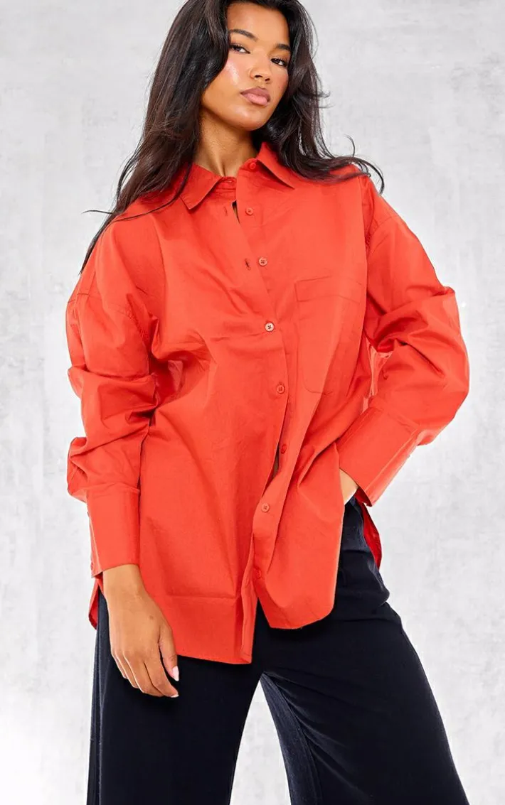 Flaming Red Linen Look Pocket Detail Oversized Shirt