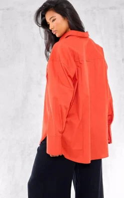 Flaming Red Linen Look Pocket Detail Oversized Shirt