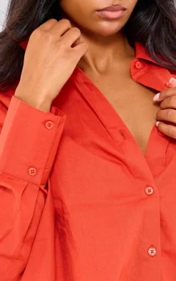 Flaming Red Linen Look Pocket Detail Oversized Shirt