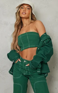 Forest Green Contrast Stitch Bandeau Denim Crop Top