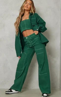 Forest Green Contrast Stitch Bandeau Denim Crop Top