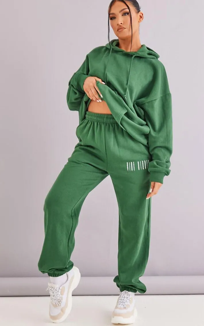 Forest Green Graphic Printed Cuffed High Waist Sweatpants