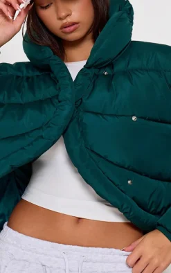 Forest Green Quilted Asymmetric High Neck Puffer Jacket