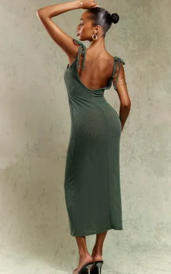 Forest Green Textured Ribbed Tie Strappy Maxi Dress