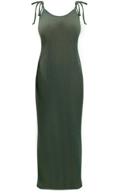 Forest Green Textured Ribbed Tie Strappy Maxi Dress