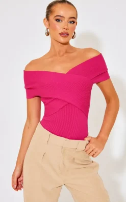 Fuchsia Rib Knit Foldover Twist Bodysuit