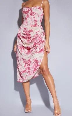 Fuchsia Tie Dye Ruched Side Midi Skirt